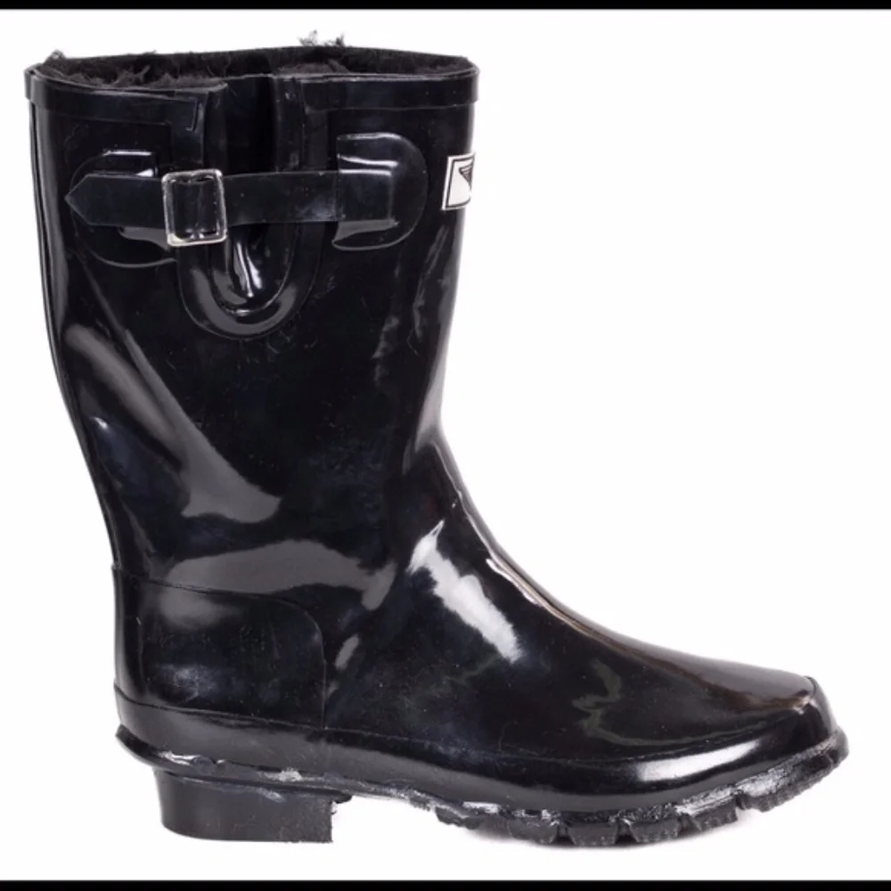Women Rubber Rain Boots, Faux Fur Lined Black Garden Rainboots, NEW